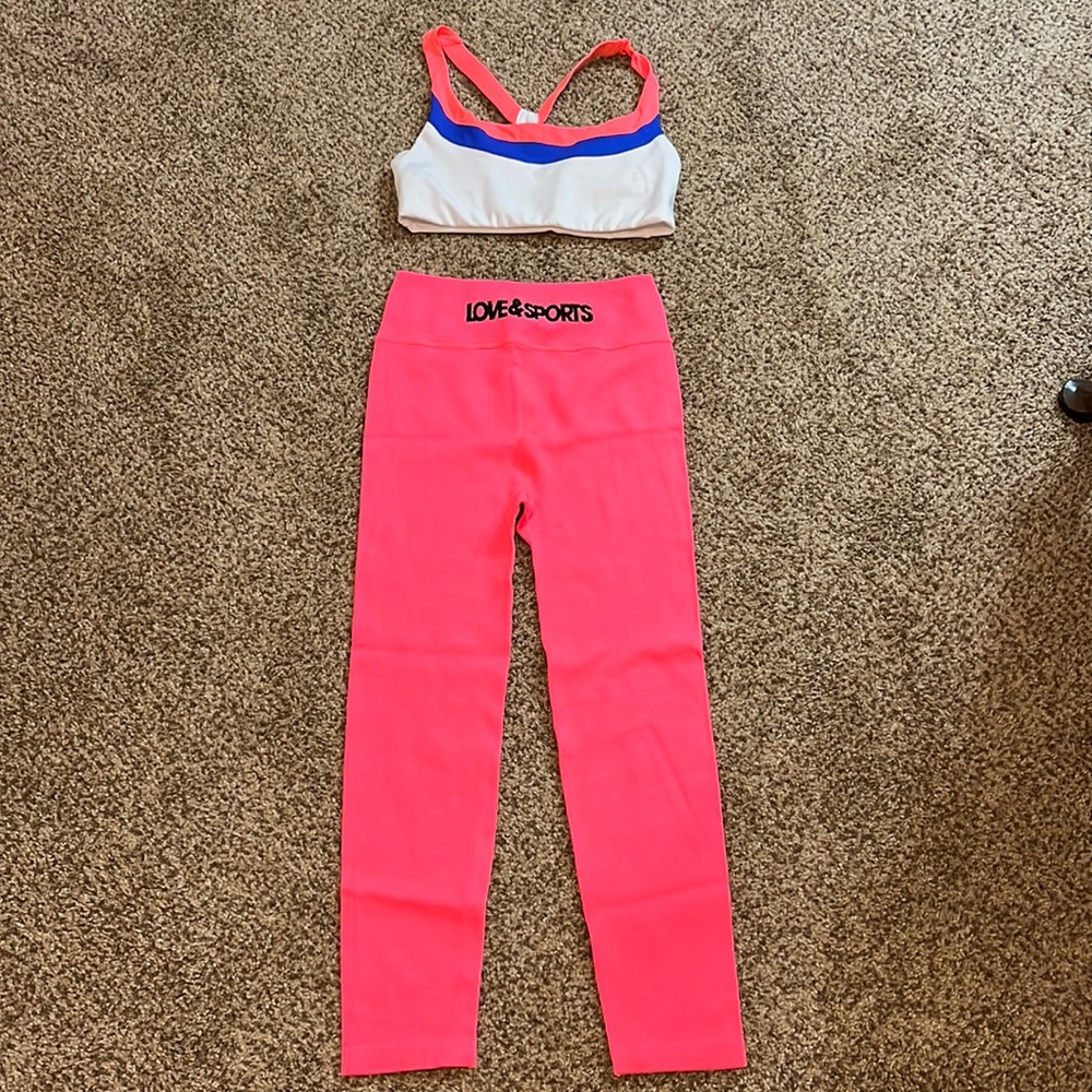 Love & Sports neon pink athletic 2 piece set bra white blue small high waisted